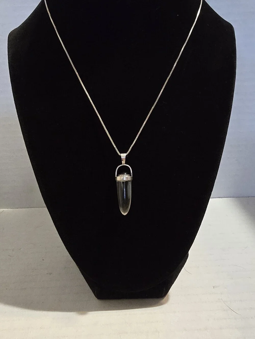 Vtg 1.4 Inch Black Tourmaline Clear Crystal Pendant On 18 Inch Silver Box Chain